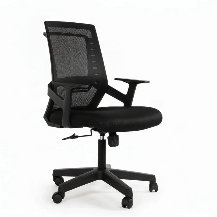 Black office chair with mesh backrest, padded seat, armrests, and rolling caster base