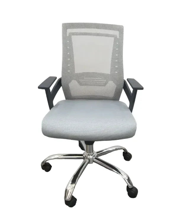 Grey office chair with mesh back, black armrests, chrome base and rolling casters