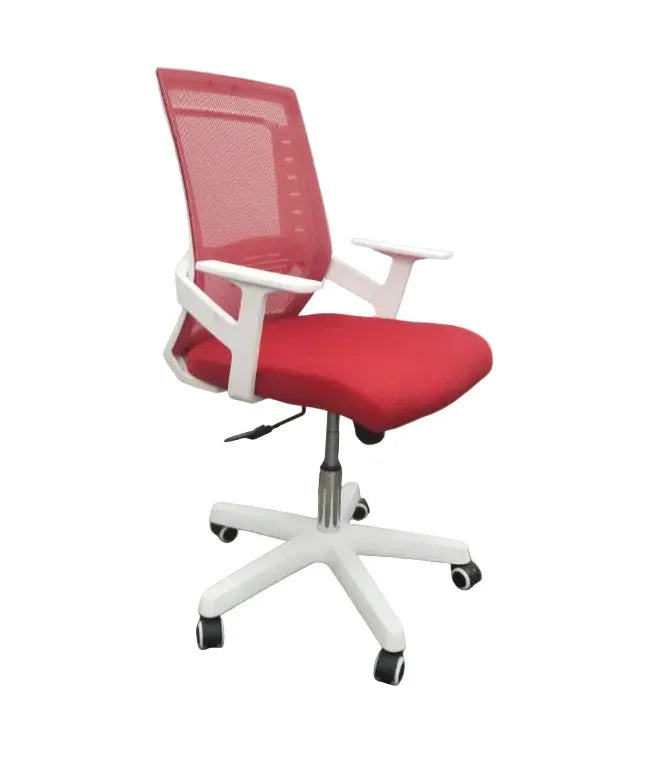 Red mesh office chair with white frame, padded seat, armrests, swivel base and casters