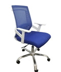 Blue office chair with white frame, padded seat and back, and chrome base with casters