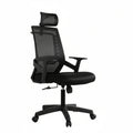 Black mesh back office manager chair with padded seat, armrests, and five-star base