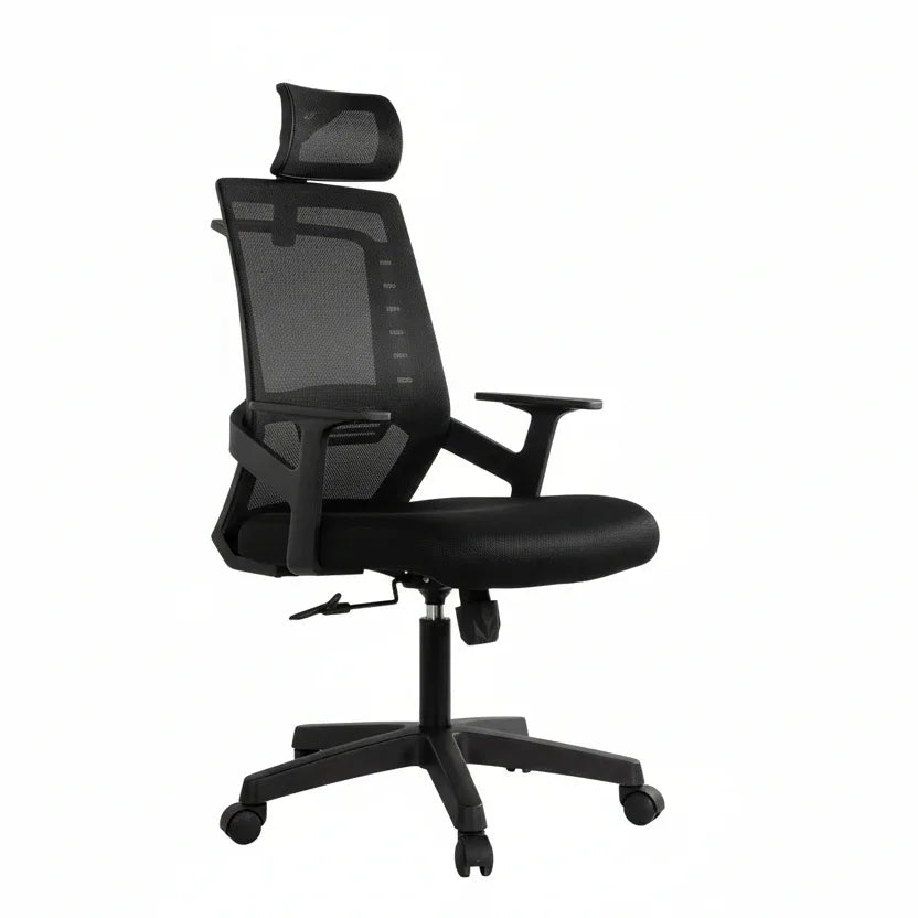 Black mesh back office manager chair with padded seat, armrests, and five-star base
