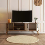 MDF TV table with black media shelf, dark wood side panels, white center doors