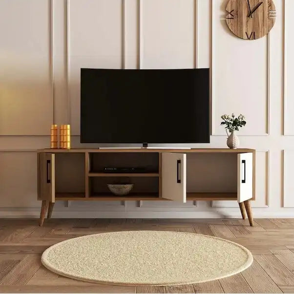 MDF TV table with black media shelf, dark wood side panels, white center doors