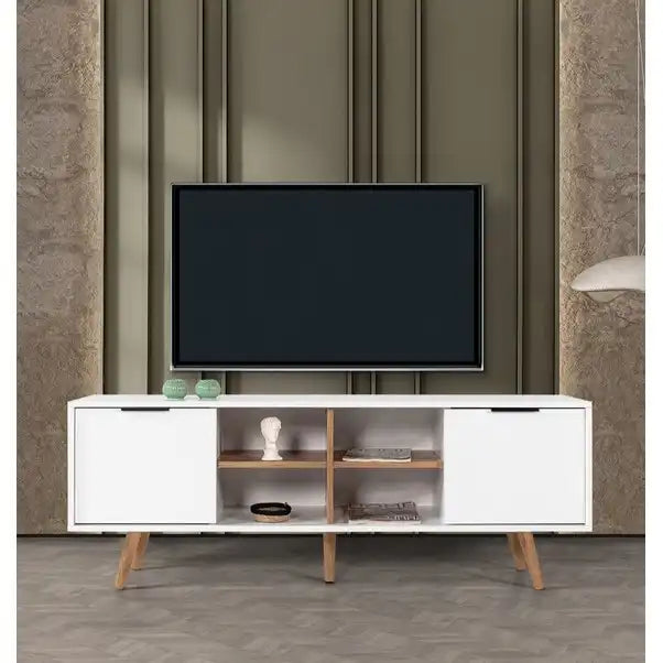 White MDF TV table with two drawers, central shelves, and tapered wooden legs