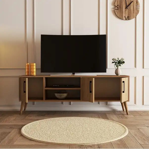 Front view of light wood MDF TV console with two doors, central compartment, and slim legs