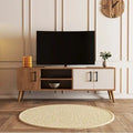 MDF TV table: black media shelf, white doors, side drawers, angled wooden legs