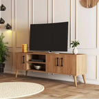 MDF TV table, 150x35x50cm, light wood finish; two side doors and open center shelf