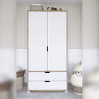White MDF wardrobe with two doors and two drawers, vertical black handle
