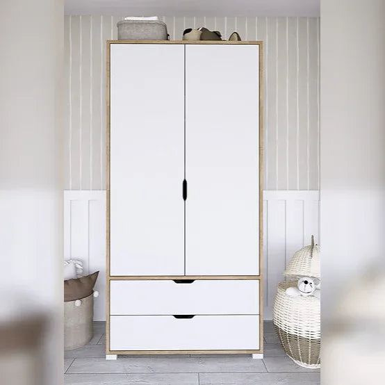 White MDF wardrobe with two doors and two drawers, vertical black handle