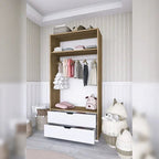 Open wardrobe with wood frame, hanging rail, shelves, and white drawers