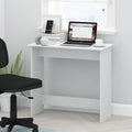 White MDF desk with open shelf space and wide tabletop for home office