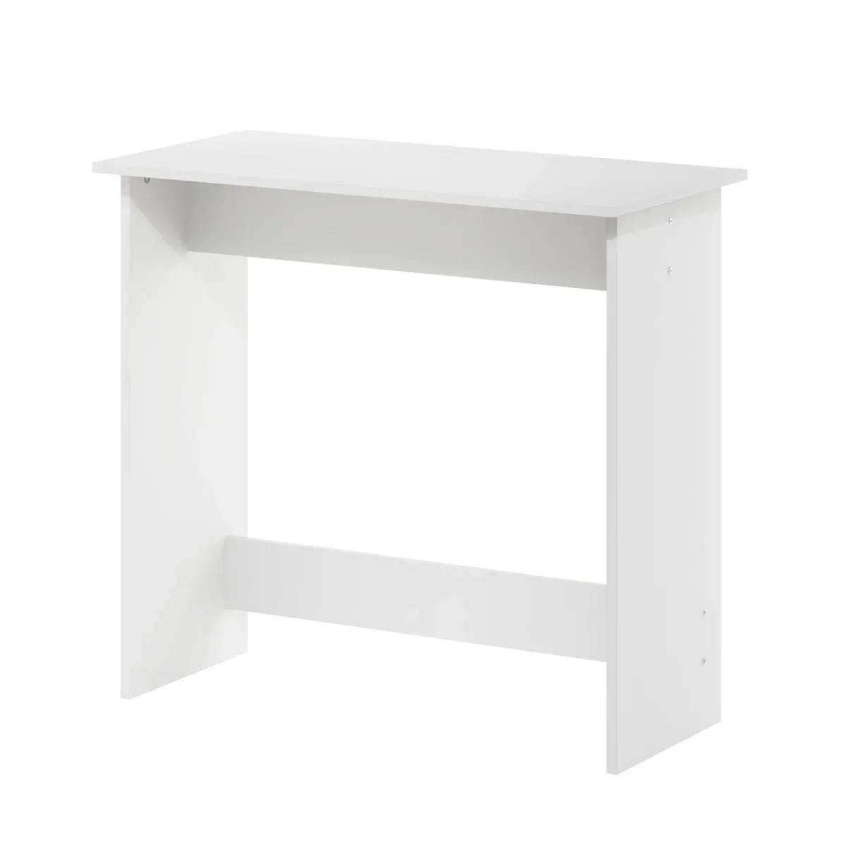 White MDF desk front view with rectangular open middle shelf and flat top