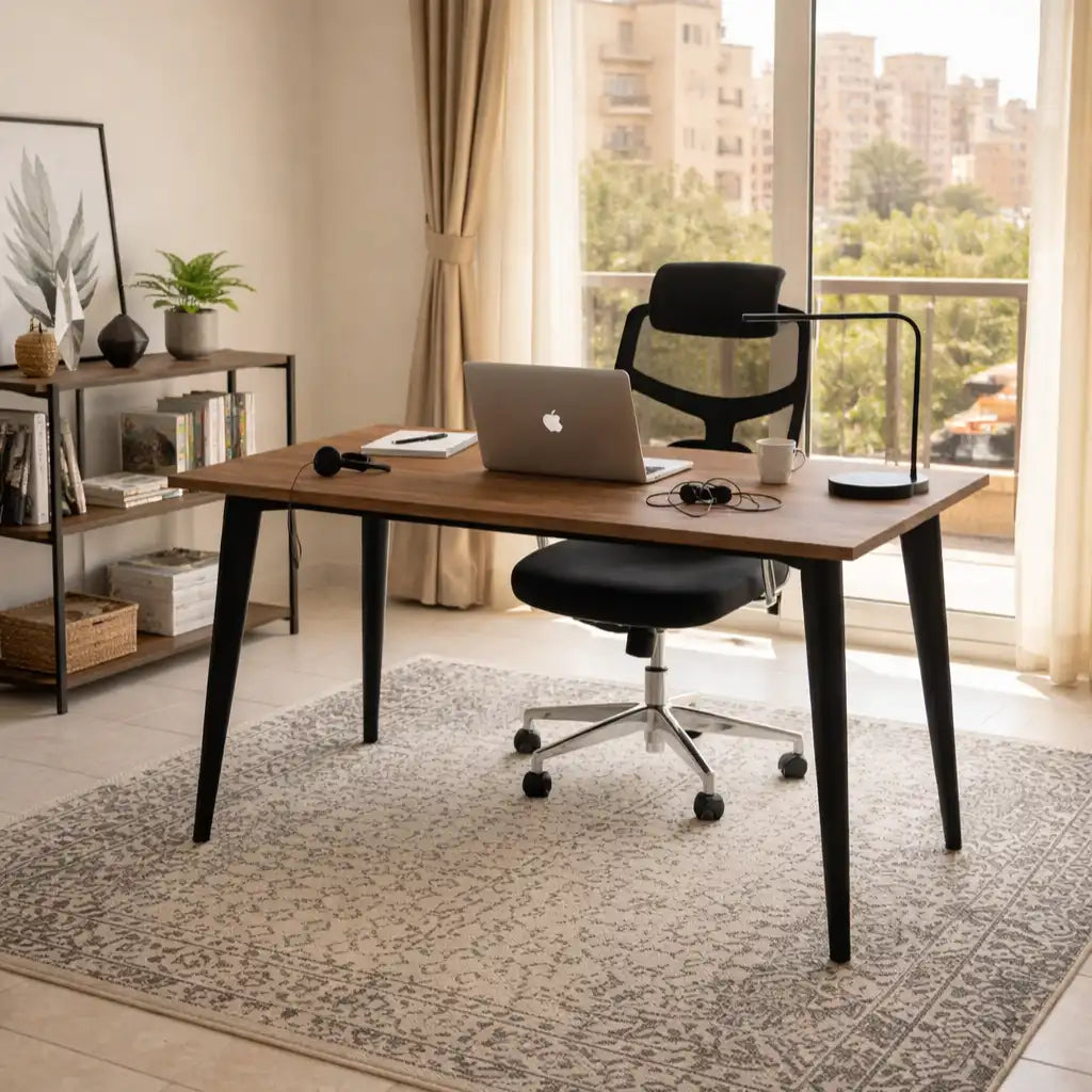 Wood desk with dark metal legs, wide tabletop and black office chair