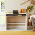 White desk with open cubby shelf and laptop-ready work surface