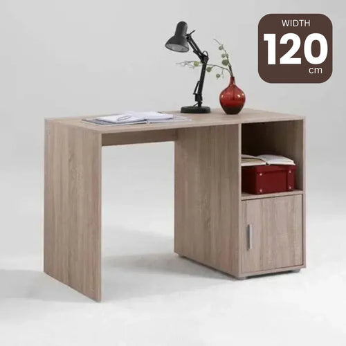 CLYDE desk in light wood MDF, 120cm wide, with side shelf and cabinet door