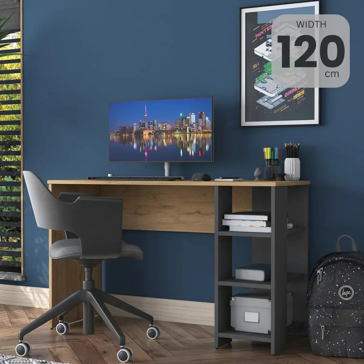 LEROY desk with light wood top, gray frame, open shelves, 120x45x75cm