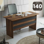 MDF desk, 140 cm wide, dark wood finish with open shelf and straight legs