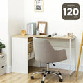 White desk, light wood top, 120 cm width, open cubby shelves and drawer storage