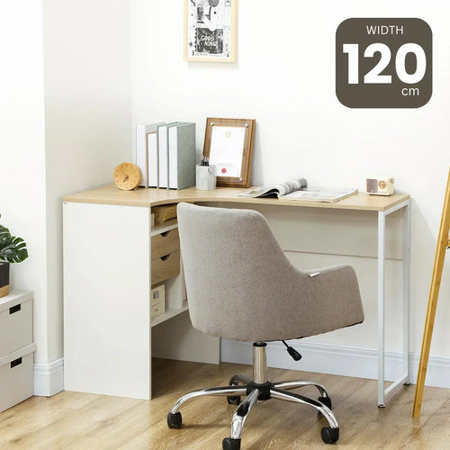 White desk, light wood top, 120 cm width, open cubby shelves and drawer storage