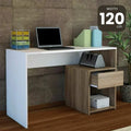 MDF desk with white top, wood base, drawer and open shelves, 120x40x75 cm