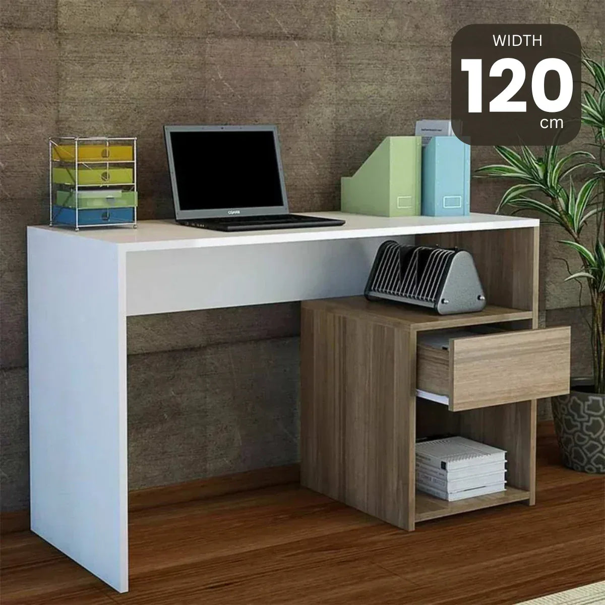 MDF desk with white top, wood base, drawer and open shelves, 120x40x75 cm