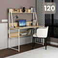 Desk with wooden-look top and white metal frame, open shelves and cubbies