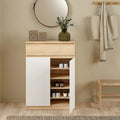 Light wood shoe cabinet with open side door, three shelves, shoes stored inside