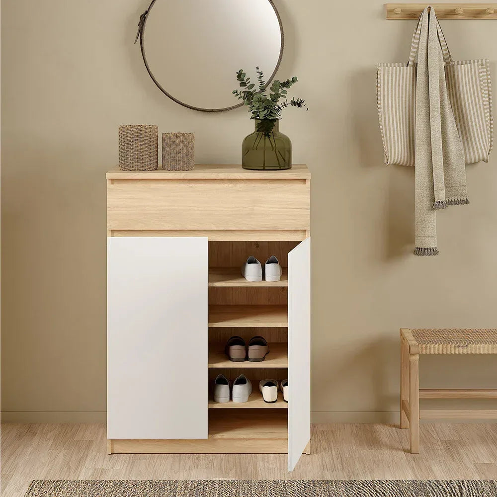 Light wood shoe cabinet with open side door, three shelves, shoes stored inside