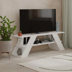 White MDF TV table with open storage compartments and angled cross legs