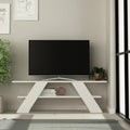 White MDF TV table with angled legs and open center shelf for TV setup