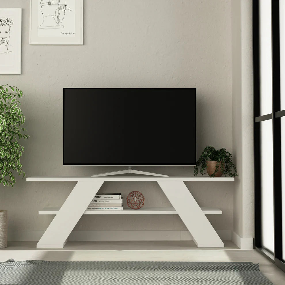 White MDF TV table with angled legs and open center shelf for TV setup