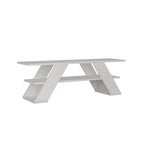 White MDF TV table with long tabletop and sturdy angled leg frame