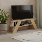 MDF TV table in light wood with open shelving and angled X legs