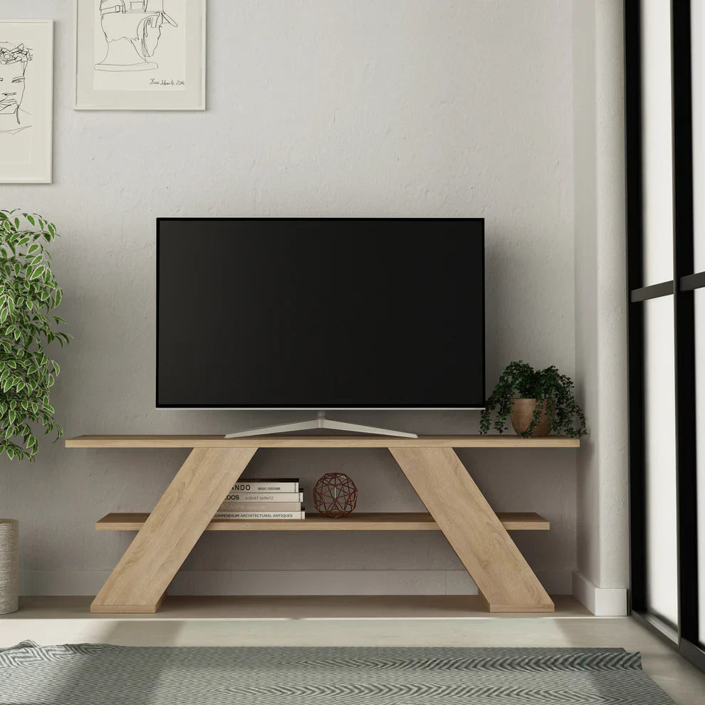 Light oak TV table with open shelf and X-style legs, MDF, 120x33.5x40 cm