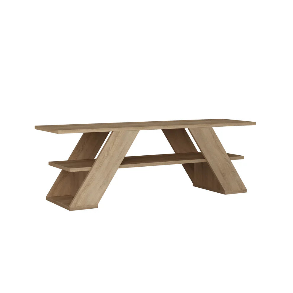 Light wood MDF TV table with long top, open lower shelf, and angled X legs