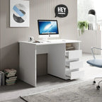 White MDF desk with raised side cabinet, open shelves and drawers, 110x50x75cm