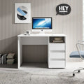 White MDF desk with storage cabinet and drawers, 110x50x75cm, front view