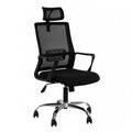 Black mesh manager chair with padded seat, adjustable arms, and chrome swivel base