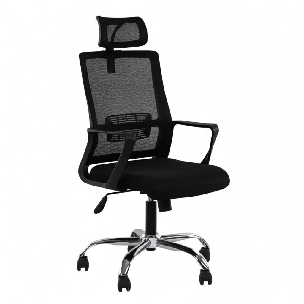Black mesh manager chair with padded seat, adjustable arms, and chrome swivel base
