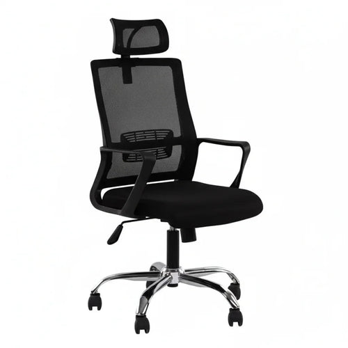 Black mesh manager chair with padded seat, adjustable arms, and chrome swivel base