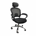 Black office manager chair with padded headrest, curved armrests, and cushioned seat on chrome base