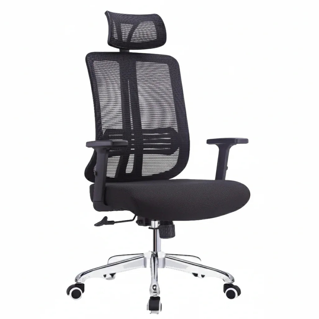Black office manager chair with mesh back, padded armrests, and chrome wheeled base