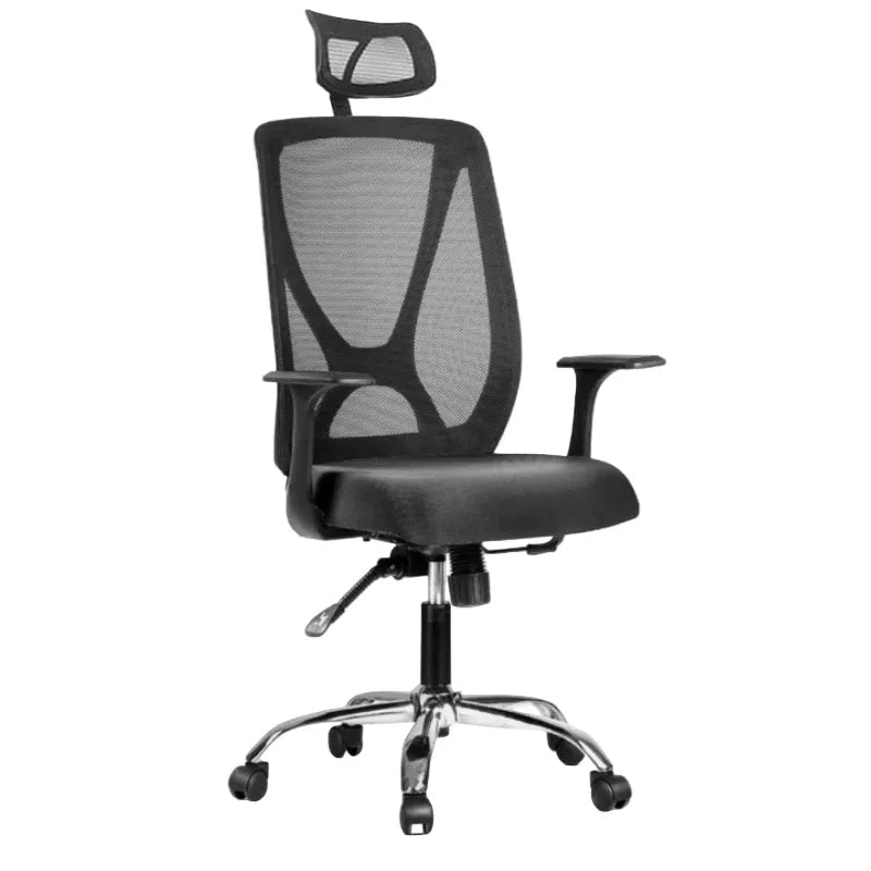 Black manager office chair with mesh back, padded seat, armrests, swivel base and casters
