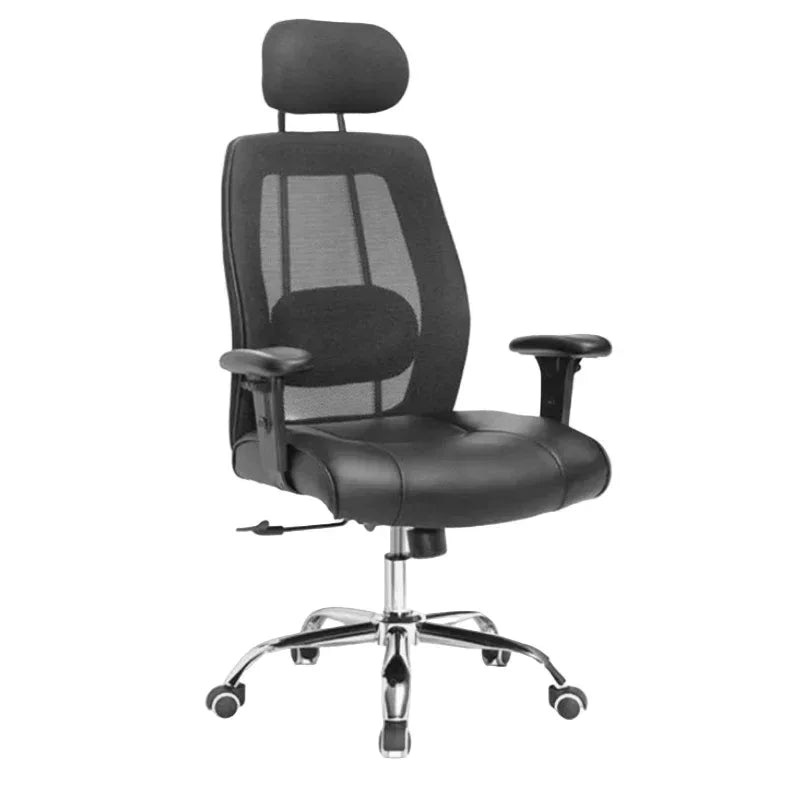 Black manager office chair with headrest, padded armrests, and chrome swivel base