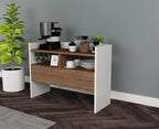 Coffee corner cabinet in white and light wood with open shelves and two front compartments