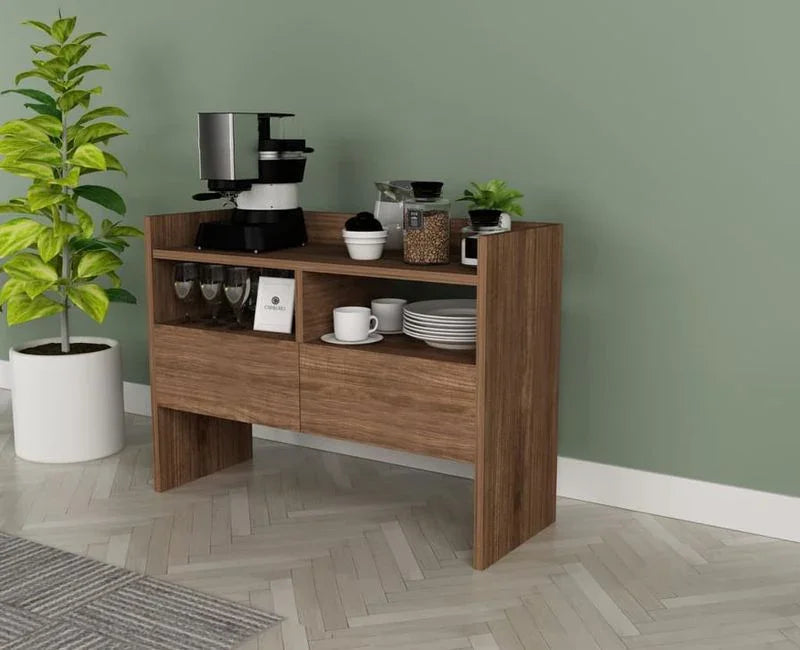 Wood MDF coffee corner cabinet with open shelves, drawer fronts, and side cubbies