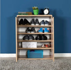 Open shoe cabinet with shelves and bottom drawer, light wood MDF
