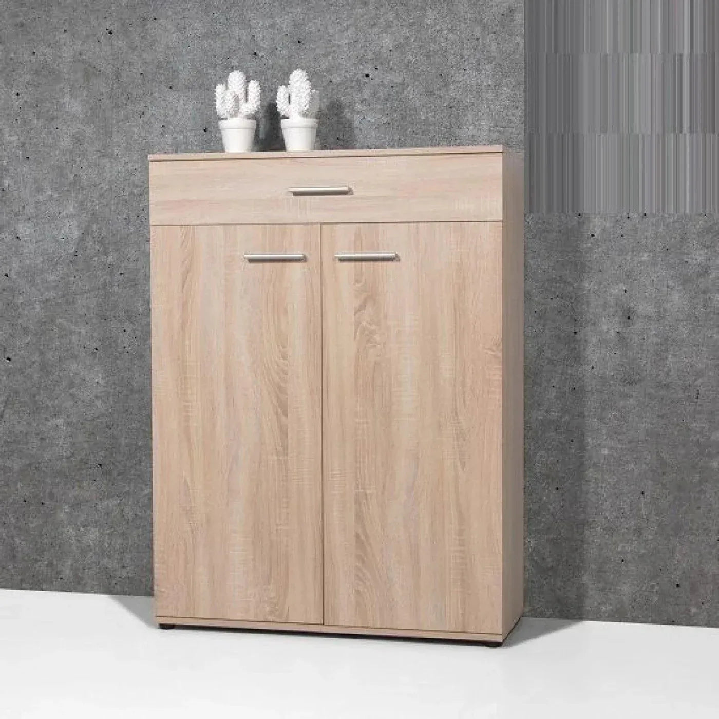 Light wood MDF shoe cabinet with top drawer and two front doors, metal bar handles
