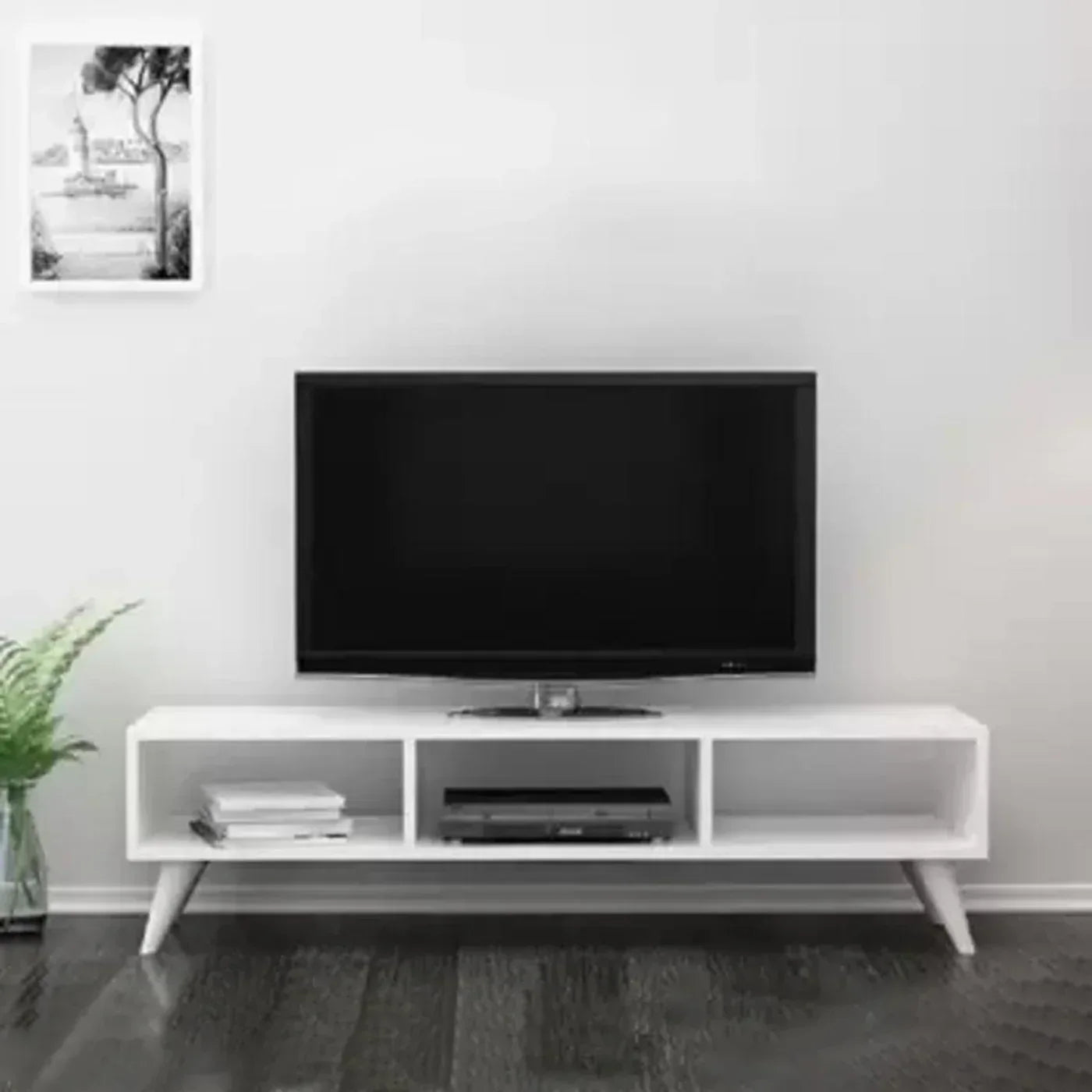 White MDF TV unit 140x30x40cm with three open shelves and center media shelf